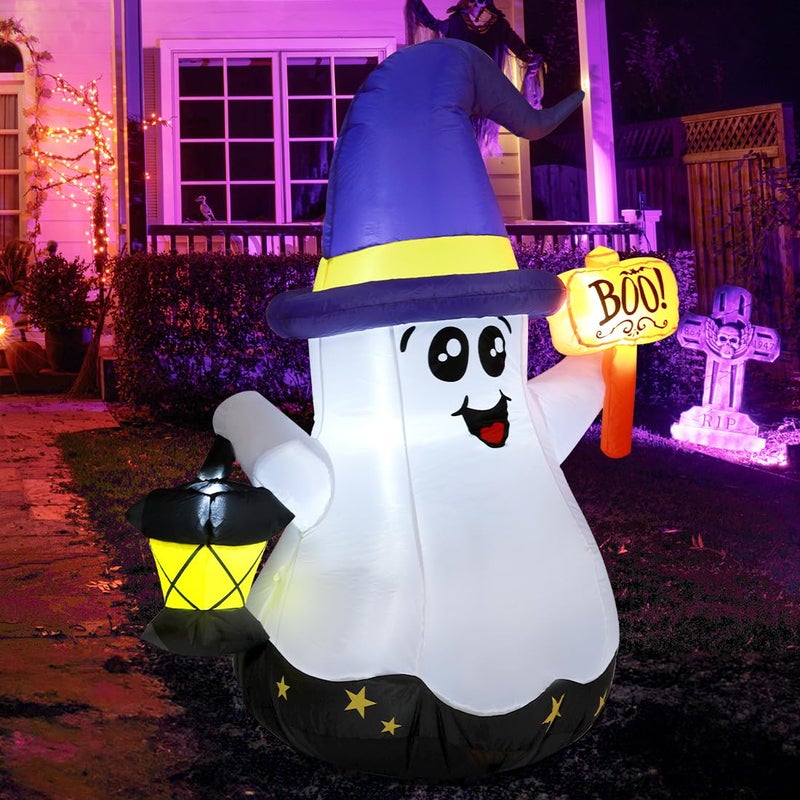 GOOSH 5 FT Halloween Inflatables Ghost Outdoor Decorations Blow Up Yard Cute Wizard Ghost with Hand-Held Light with Built-in LEDs for Garden Lawn Indoor Party Decor - Image 2